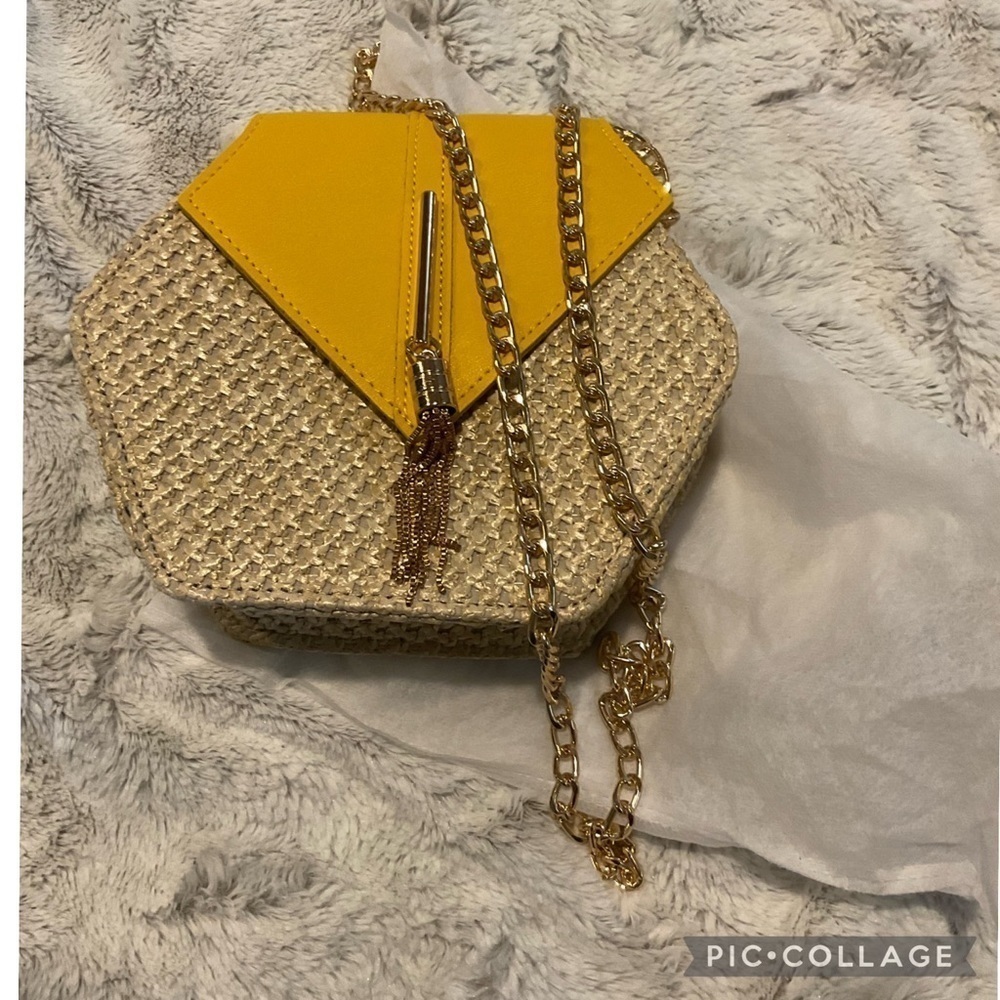 YELLOW Faux Leather and Straw Bag with Chain Crossbody Strap